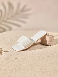 Tropiscape 夏季女式純白色編織平底涼鞋平跟拖鞋適合性感派對和海灘 - 白色 - 查看 2