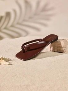 Tropiscape 新款春夏女士巧克力棕色人字拖凉鞋，方头平底一脚蹬，时尚休闲拖鞋 - 巧克力棕 - 查看 2