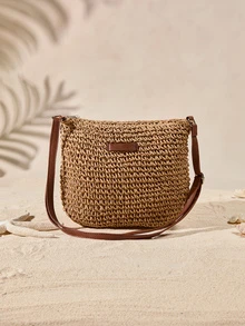 Tropiscape 1个休闲草编斜挎包，新款夏季简约手提包，编织包，沙滩包，Y2K风格沙滩包，夏季包，百搭女包，托特包，单肩包，沙滩必备，度假必备，白色包，旅行必备，化妆包，女士手提包，父亲节礼物，母亲节礼物，复活节礼物，最新节日包 - 卡其色 - 查看 3