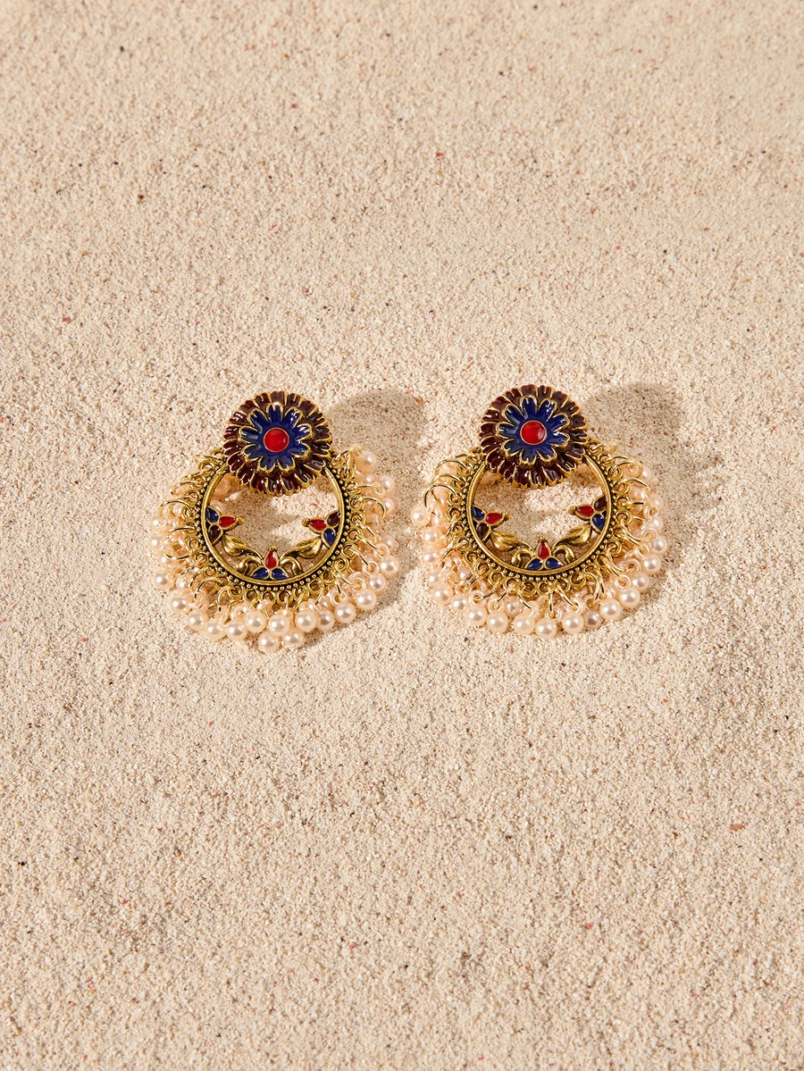Tropiscape Faux Pearl Tassel Drop Earrings Cottagecore,SummerOutfit - Multicolor - View 1