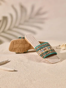 Tropiscape Green Summer Chain Embroidery Flat Sandals, Bohemian Style Beaded Vacation Party Slippers, Woven Directional Unfix Slides - Green - View 2