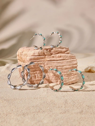 Tropiscape 1-3 Pairs Semi-Circular C-Shaped Turquoise Inlaid Floral Pattern Exaggerated Earring Sets