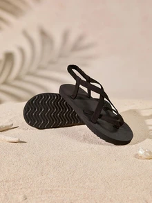 Tropiscape 2024 New Style Women's Cross-Toe Strap Black Sandals, Cool Casual Flat Slip-On Sandals For Vacation - Black - View 3