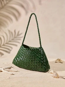 Tropiscape 2026新款咖啡色纯手工编织包 度假风单肩包、腋下包、母婴包、手提包 商务女士休闲时尚日常通勤包，适合工作、购物、约会、旅行、大学生、女士包、日常使用（不含配件） - 墨綠色 - 查看 3
