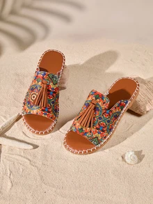 Tropiscape Women's Fringe Decor Flat Sandals, Beach Wet Water Slippers, Non-Slip Wear-Resistant Fashion Versatile Cottagecore,SummerOutfit - Multicolor - View 2