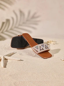 Tropiscape New Plus Size Waterdrop Beaded Flat Sandals, Women Open-Toe Strap Lightweight Comfortable Beach Slippers Cottagecore,SummerOutfit - Brown - View 5