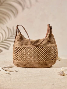 Tropiscape New French Woven Tote Bag, Large Capacity Beach Vacation Crossbody Shoulder Bag For Summer - Khaki - View 3