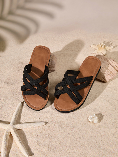 Tropiscape 夏秋新款时尚复古小众浪漫适合度假晚宴户外女鞋凉鞋法式高级休闲舒适轻便透气露趾黑色交叉带圆头平底拖鞋