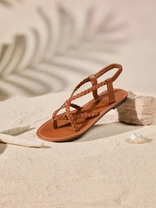Tropiscape Women's New Woven Flat Sandals, Black/Brown/White, Thong Slippers, Solid Color Open Toe Anti-Slip Slides, Outdoor & Indoor Wear, Fashion Daily Casual Flat Beach Shoes, Bohemian Criss-Cross Strap Flat Sandals, Comfort Lightweight Hollow-Out Open Toe Flats, High-Top Roman Sandals, Gold/Black Flat Sandals, Beach Shoes Cottagecore,SummerOutfit - Brown - View 3