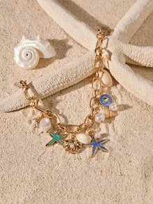 Tropiscape 1 Pc Summer Vocation Beach Style Enameled Starfish Shell Multi Charm Bracelet For Women - Multicolor - View 4