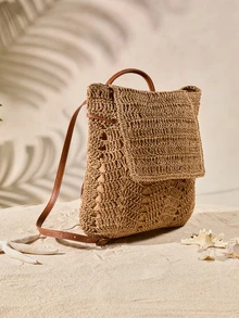 Tropiscape 1 chiếc balo rơm dây rút màu kaki trơn thời trang mùa hè, dệt rỗng, balo rơm nắp gập dành cho nữ, thích hợp cho du lịch nghỉ dưỡng, mua sắm cùng bạn bè, bãi biển nhiệt đới và các dịp khác, hoàn hảo với phụ kiện balo, có thể dùng làm balo đi học, balo dung tích lớn, balo đi học, lựa chọn lý tưởng cho ngày đầu tiên trở lại trường, dung tích lớn, chống thấm nước, nhẹ, dễ mang theo, phong cách cổ điển thường ngày. Phong cách Cottagecore, trang phục mùa hè. - màu nâu - Xem 4