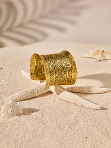 Tropiscape 1入復古風格開口臂環，配有古代文字和花卉圖案 - 銅色 - 查看 5