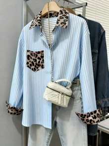 春夏女式条纹长袖衬衫，领口和袖口饰有豹纹图案。适合日常休闲穿着，也是街头风女装上衣的理想之选。 - 藍色 - 查看 1