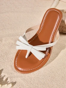 Tropiscape 女士時尚休閒和假日風格PU蝴蝶結開槽前開式圓頭拖鞋，舒適白色夏季涼鞋/平底拖鞋 - 白色 - 查看 4