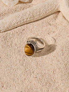 Tropiscape 1pc Fashionable Oval Tiger Eye Stone Ring, Ladies Gemstone Ring, Mother's Day Gift - Tiger Eye Stone - View 1