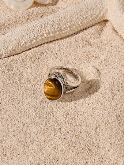 Tropiscape 1pc Fashionable Oval Tiger Eye Stone Ring, Ladies Gemstone Ring, Mother's Day Gift