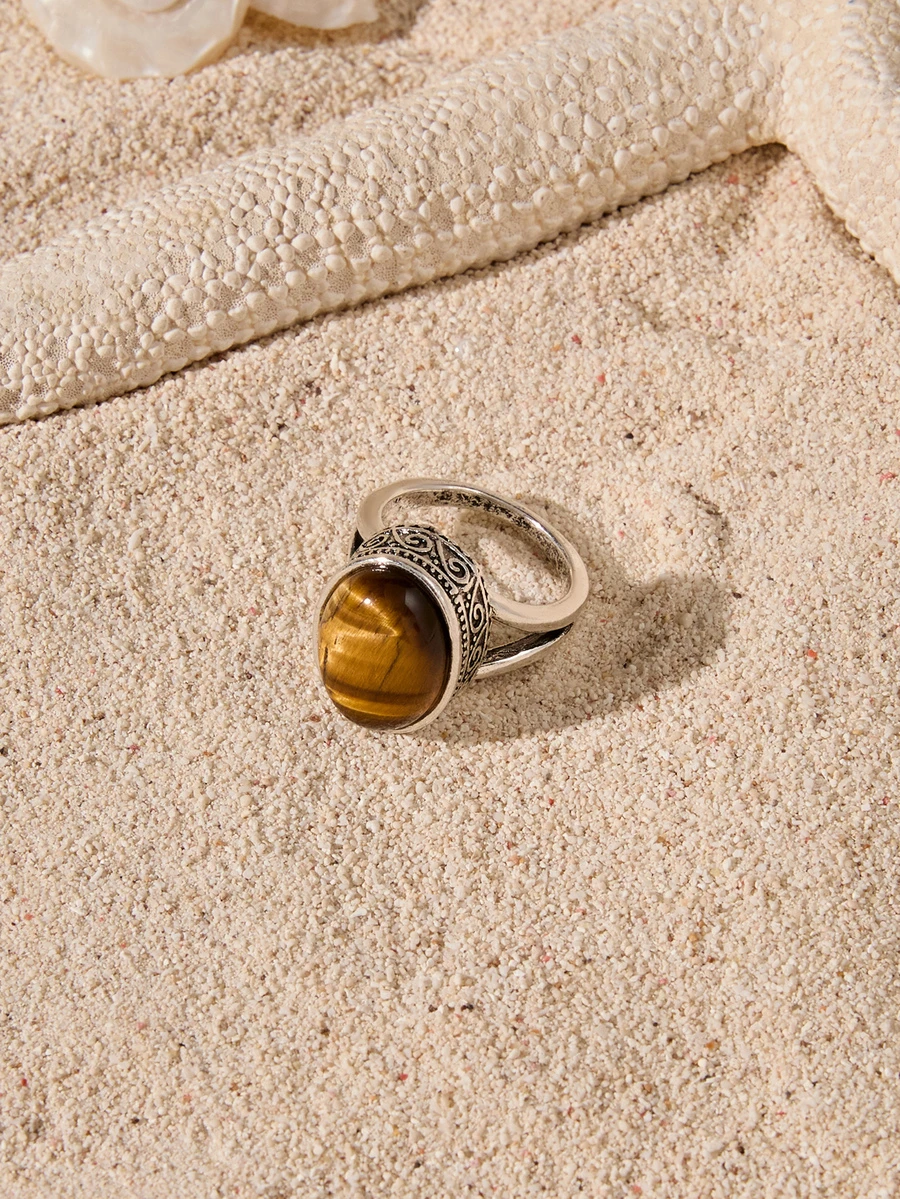 Tropiscape 1pc Fashionable Oval Tiger Eye Stone Ring, Ladies Gemstone Ring, Mother's Day Gift - Tiger Eye Stone - View 1