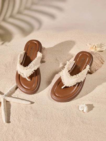 Tropiscape Women's Summer Flat One-Piece Slippers - Open Toe Sandals, Made Of Soft PU Material And Fabric With Tassel Decor. Featuring Lace Trim And Decorative Details On The Vamp, Paired With Rubber Soles For A Perfect Fit. Suitable For Vacation, Outdoor Activities, Home Wear, Cocktail Parties And Daily Outdoor Events. Brown Beach Style Open Toe Sandals.