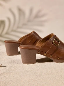 Tropiscape Women's Spring/Autumn Round Toe Slip-On Mules Heeled Sandals, Outdoor/Commute PU Chunky Heel Brown Shoes,Elegant - Brown - View 3