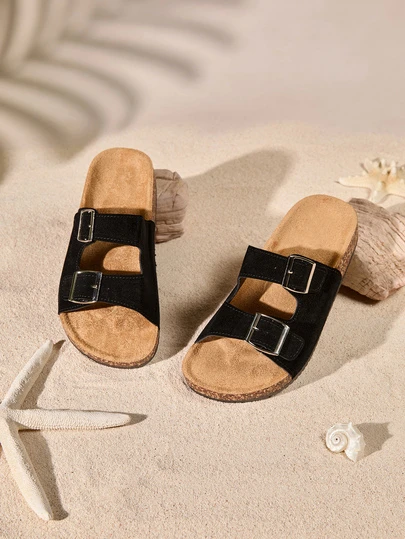 复古双扣设计+柔软软木鞋底，透气露趾，适合室内外穿着，适合各种脚型