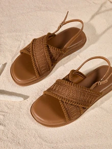 Thick Sole Buckle Sandals, Outdoor Beach Peep Toe Wedge Heel Retro Bohemian Holiday Soft Bottom Comfortable Non-Fatiguing Fringe Woven Mesh Sporty Casual Shoes, Wedge Soft Bottom Summer New 2026 Spring Autumn Brown Round Toe Criss-Cross Strap Roman Shoes, Plus Size Women 41-43 Cottagecore,SummerOutfit - Brown - View 5
