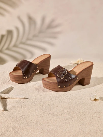 Tropiscape 2025 Neuankömmling Damen High Heel Sandalen, Tiermuster metallisch Nieten Vintage Plateau Slide Sandalen