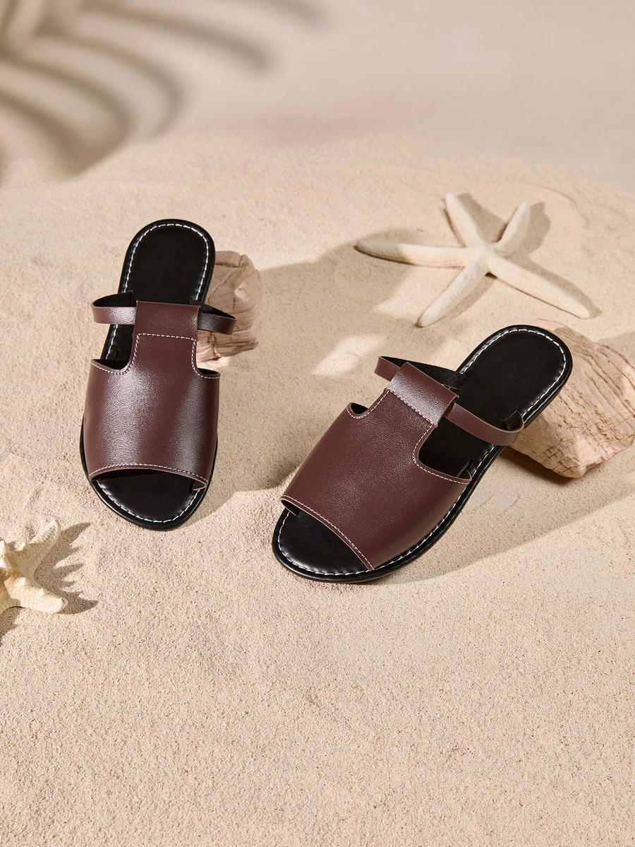 Tropiscape 女性休閒平底拖鞋,黑色開放式圓頭防滑滑行鞋,戶外沙灘拖鞋 - 咖啡棕 - 查看 1