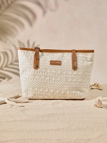 Tropiscape 1 件棕色尼龙面料顺滑拉链铆钉镂空点缀时尚百搭休闲夏季新款小众大容量单肩托特包，适合女性日常使用 - 棕色 - 查看 3