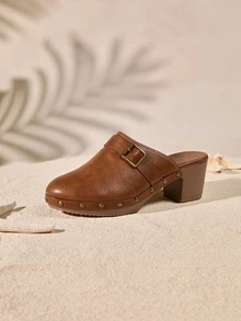 Tropiscape Women's Spring/Autumn Round Toe Slip-On Mules Heeled Sandals, Outdoor/Commute PU Chunky Heel Brown Shoes,Elegant - Brown - View 4