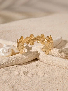 Tropiscape 金色花朵开口手镯，女士饰品，田园风，夏季穿搭 - small flower bracelet - 查看 4