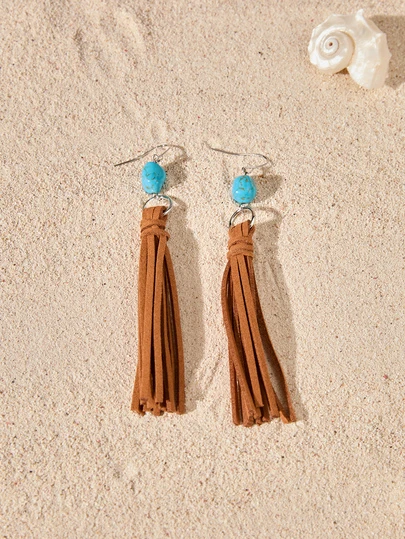 Tropiscape Boho Chic Turquoise Pendant Tassel Drop Earrings For Women, Polyester Fringe Dangle With Alloy Hook, No Feather, Versatile Accessory For Daily & Gift Occasions – All Season Wear