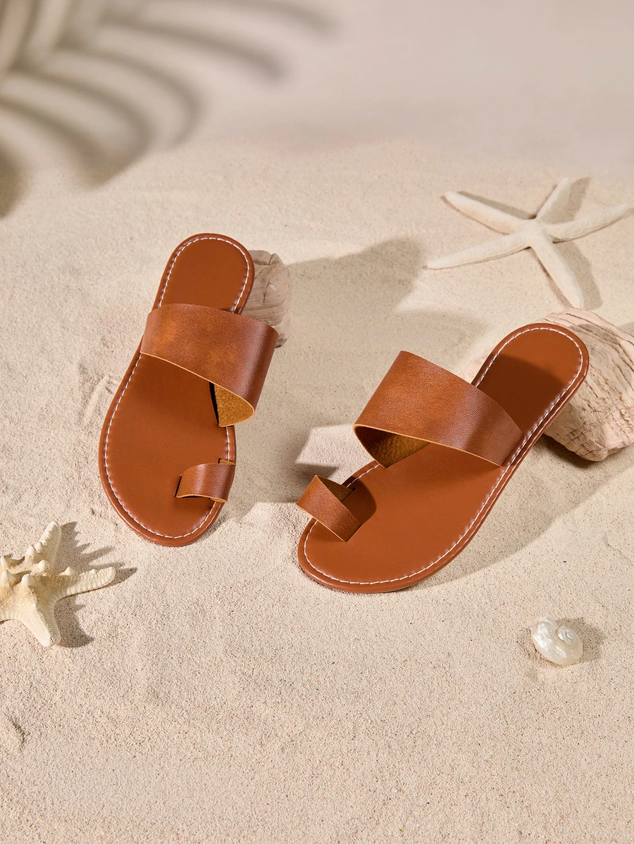 Tropiscape Women's Casual Flat Slippers With Toe Ring, Round Open Toe Anti-Slip Slides, Outdoor Beach Sandals Cottagecore,SummerOutfit - Brown - View 1