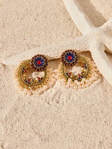 Tropiscape Faux Pearl Tassel Drop Earrings Cottagecore,SummerOutfit - Multicolor - View 4