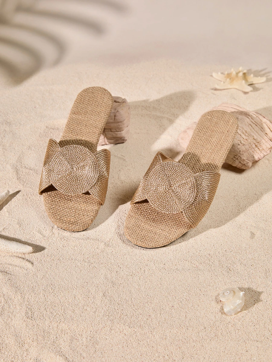 Tropiscape Women's Flat Sandals With Round Decor, Woven Rope Sole, Comfortable Non-Slip Slide Sandals For Summer Vacation, Open Toe Bohemian Style Embroidered Woven Sandals, Slip-On Khaki Slippers, Essential Home Slippers Cottagecore,SummerOutfit - Khaki - View 1