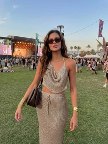 Elegant Summer Women's 2-Piece Set: Shiny Khaki Camisole Top Paired With Elastic Waist Tie-Front Skirt. Suitable For Beach Vacation, Music Festivals, Holiday Dates, Beach Parties, Cocktail Events And More - Camel - View 5