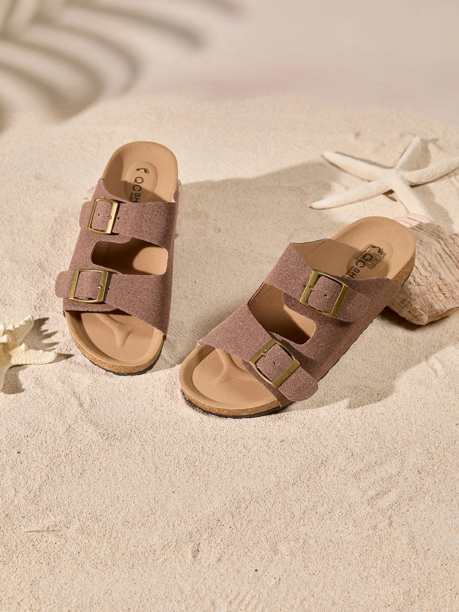 Tropiscape 女士簡約夏日開背舒適度假拖鞋，黑色平底木屐涼鞋 - 棕色 - 查看 1