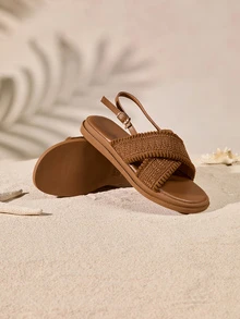 Thick Sole Buckle Sandals, Outdoor Beach Peep Toe Wedge Heel Retro Bohemian Holiday Soft Bottom Comfortable Non-Fatiguing Fringe Woven Mesh Sporty Casual Shoes, Wedge Soft Bottom Summer New 2026 Spring Autumn Brown Round Toe Criss-Cross Strap Roman Shoes, Plus Size Women 41-43 Cottagecore,SummerOutfit - Brown - View 2