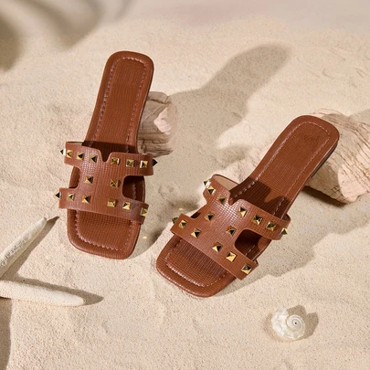 新款时尚 H 女士拖鞋，春/夏，时尚休闲风格，罗马风格户外穿搭拖鞋，宽松一脚蹬舒适黑色、米色、棕色凉鞋，带浮雕设计，法式高端拖鞋，带水钻，加厚底坡跟厚底女士凉鞋