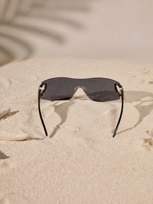 Tropiscape 1pc Plastic Frameless Wrap-Around Decorative Fashion Fashion Glasses Y2K Fest Music Fest For Summer Beach Vacation, Outdoor, Travel Preppy Style For Back To School - Dark Grey - View 3
