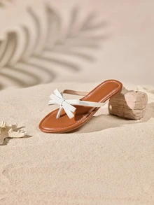 Tropiscape 女士時尚休閒和假日風格PU蝴蝶結開槽前開式圓頭拖鞋，舒適白色夏季涼鞋/平底拖鞋 - 白色 - 查看 3