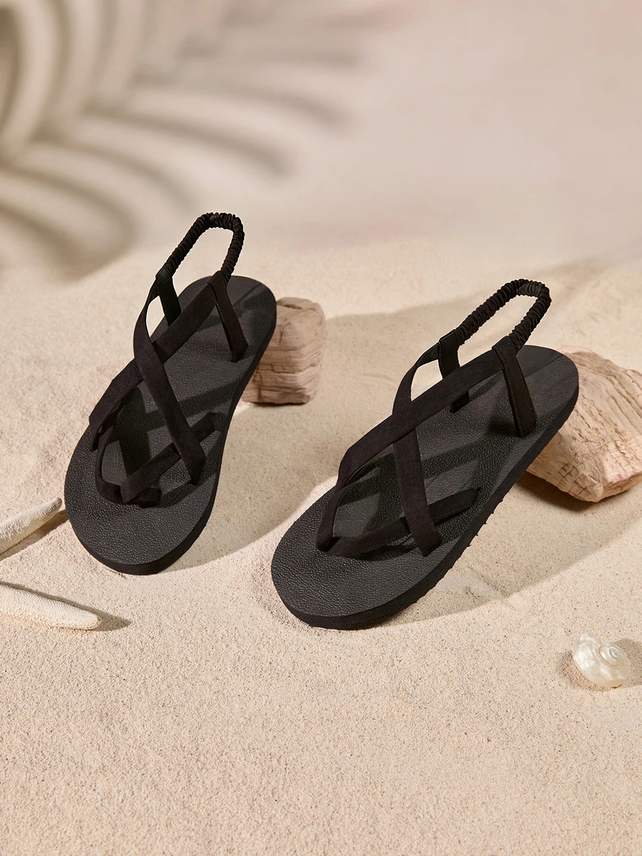 Tropiscape 2024 New Style Women's Cross-Toe Strap Black Sandals, Cool Casual Flat Slip-On Sandals For Vacation - Black - View 1