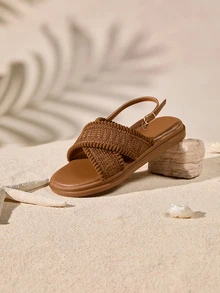 Thick Sole Buckle Sandals, Outdoor Beach Peep Toe Wedge Heel Retro Bohemian Holiday Soft Bottom Comfortable Non-Fatiguing Fringe Woven Mesh Sporty Casual Shoes, Wedge Soft Bottom Summer New 2026 Spring Autumn Brown Round Toe Criss-Cross Strap Roman Shoes, Plus Size Women 41-43 Cottagecore,SummerOutfit - Brown - View 3