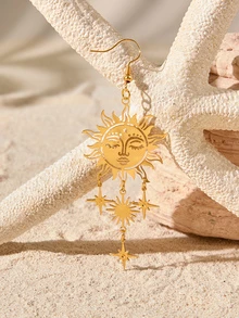 Tropiscape 2pcs Retro Alloy Bohemian Handmade Sun Face Hollow Out Star Pattern Pendant Earrings For Women Daily Wear - Yellow Gold - View 3
