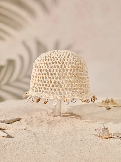 Tropiscape 1pc Women's Lightweight Hollow Shell Decor Handmade Crochet Knitted Hat, Suitable For Spring, Summer, Autumn Daily, Beach, Outdoor Wear