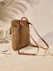 Tropiscape 1 chiếc balo rơm dây rút màu kaki trơn thời trang mùa hè, dệt rỗng, balo rơm nắp gập dành cho nữ, thích hợp cho du lịch nghỉ dưỡng, mua sắm cùng bạn bè, bãi biển nhiệt đới và các dịp khác, hoàn hảo với phụ kiện balo, có thể dùng làm balo đi học, balo dung tích lớn, balo đi học, lựa chọn lý tưởng cho ngày đầu tiên trở lại trường, dung tích lớn, chống thấm nước, nhẹ, dễ mang theo, phong cách cổ điển thường ngày. Phong cách Cottagecore, trang phục mùa hè. - màu nâu - Xem 2