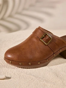 Tropiscape Women's Spring/Autumn Round Toe Slip-On Mules Heeled Sandals, Outdoor/Commute PU Chunky Heel Brown Shoes,Elegant - Brown - View 5