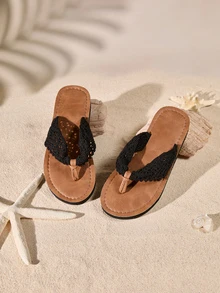 Tropiscape New Original Design American Simple And Elegant Fairy Style Lace Slippers, Seaside Vacation Sexy, Bright And Charming, High Grade, Open Toe Breathable, Lightweight And Comfortable Hollow Black Lace Sandal - Black - View 1