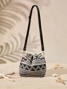 Tropiscape 新款迷你中国风布艺单肩包，书法单肩包，复古印花水桶包，女士休闲时尚手提包，春季托特包 - 黑色 - 查看 5