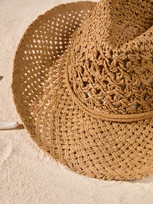 Tropiscape Boho 1pc Ladies' Hollow Out Woven Straw Hat In Beige With Western Cowboy Style Design, Sunscreen, Breathable, And Windproof Rope For Beach Vacation And Daily Wear In Summer - Khaki - View 5