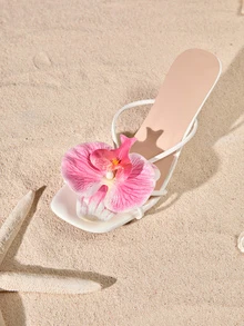 Tropiscape 法式方头优雅纯色度假时尚沙滩女神PU皮花卉装饰温柔女神度假风细高跟凉鞋，适合沙滩、度假、高跟凉鞋、女士凉鞋、婚礼、夏季、猫跟鞋 - 玫紅色 - 查看 2